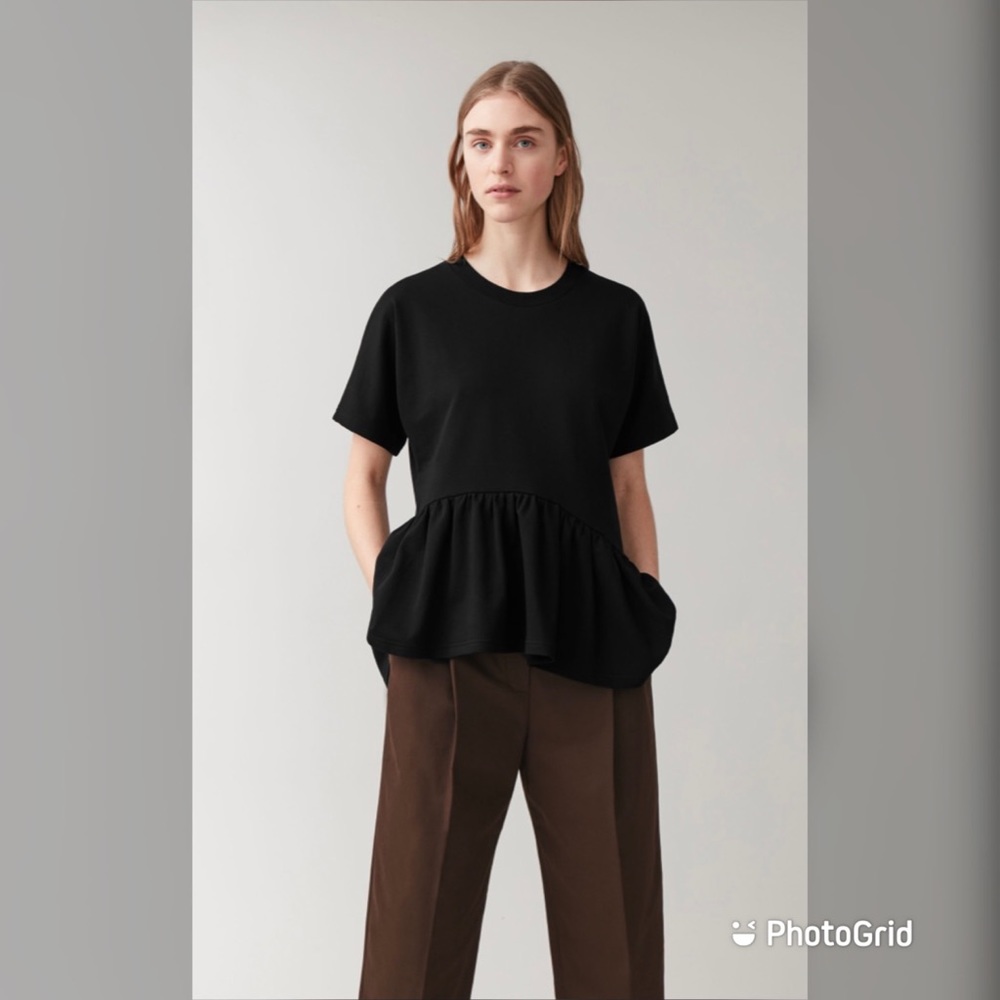 COS L black Asymmetric Gathered Cotton Top